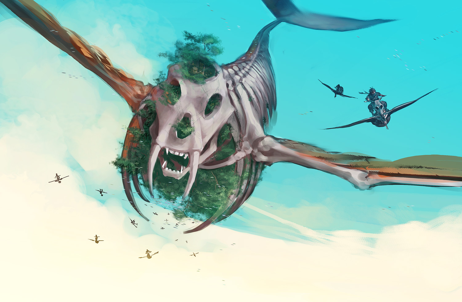 mayumio, bad id, bad pixiv id, cloud, creature, dragon, fantasy, flying, forest, goggles, nature, scenery, skeleton, sky, tree, wings