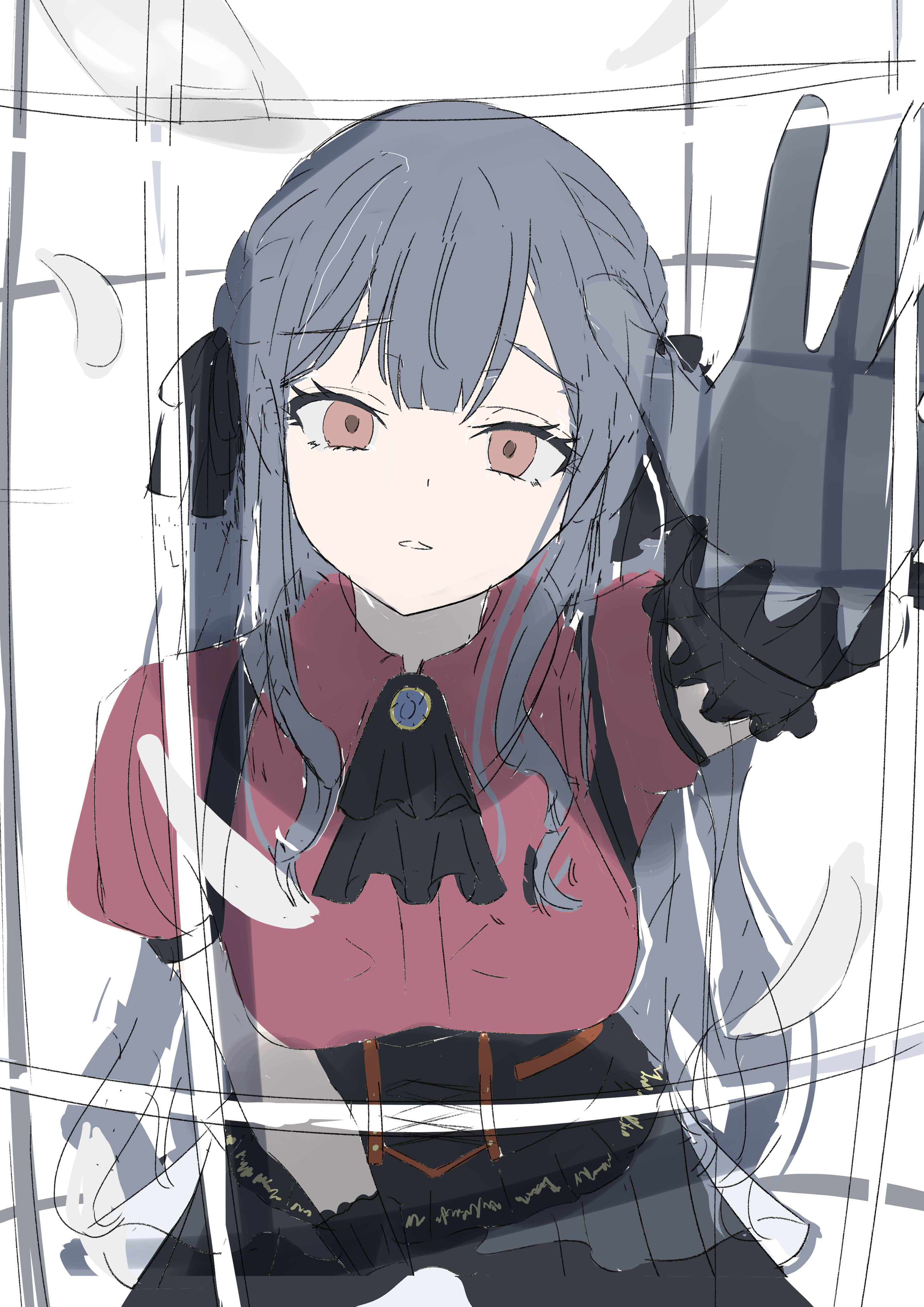 beniyomogi, oblivionis (bang dream!), togawa sakiko, bang dream!, bang dream! it's mygo!!!!!, absurdres, commentary request, highres, unfinished, 1girl, ascot, black ascot, black corset, black ribbon, blue hair, corset, gloves, grey gloves, hair ribbon, long hair, looking at viewer, open mouth, orange eyes, red shirt, ribbon, shirt, sidelocks, solo