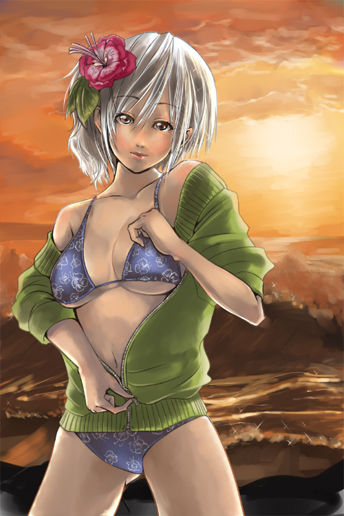 sukizo, silver hair, bad id, bad pixiv id, 1girl, bare shoulders, bikini, breasts, cleavage, female focus, flower, green shirt, hair ornament, ocean, shirt, sleeves pushed up, solo, sunset, sweater, swimsuit, underboob, water, zipper