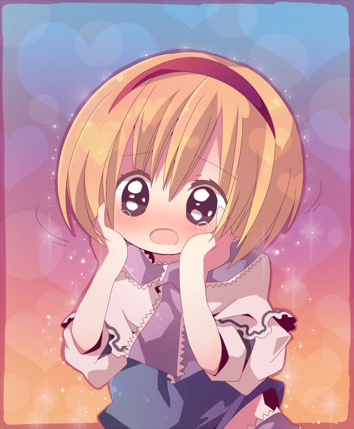 ana (rznuscrf), alice margatroid, touhou, 1girl, blonde hair, brown eyes, chibi, female focus, hairband, hands on own face, heart, open mouth, short hair, solo, sparkle, tears, upper body