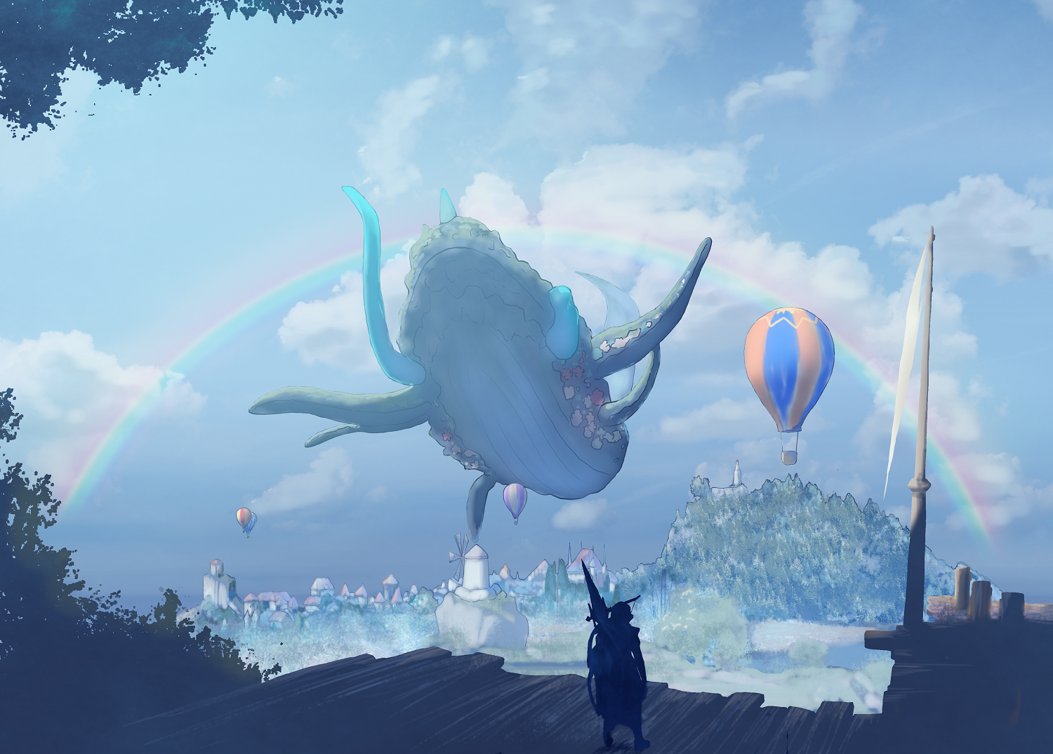 belusyuta, original, 1boy, aircraft, blue sky, building, cloud, day, fantasy, fictional whale, hill, hot air balloon, outdoors, pier, rainbow, scenery, sky, solo, town, tree