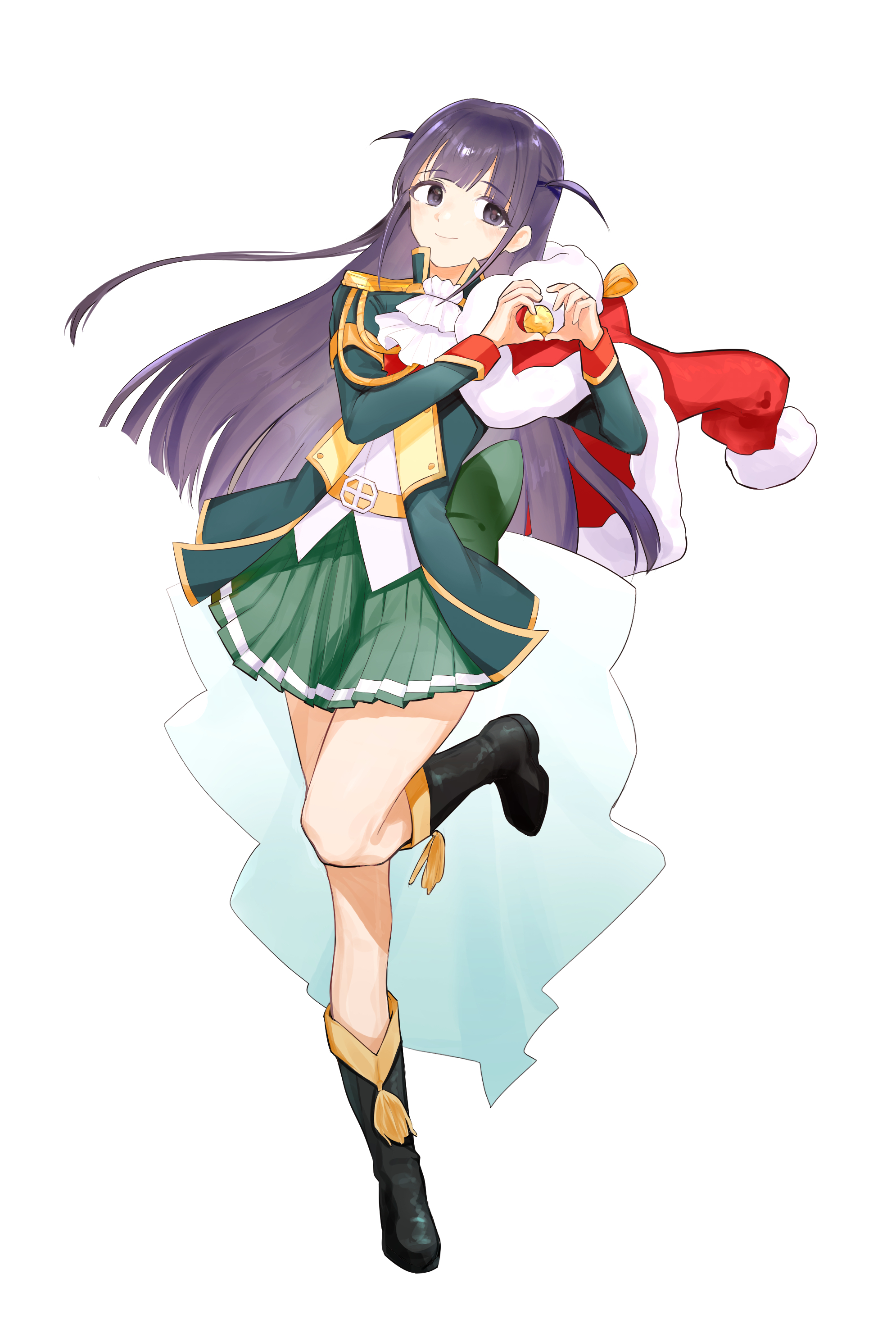 tsuyuzaki mahiru, shoujo kageki revue starlight, absurdres, hashtag-only commentary, highres, 1girl, ascot, back bow, belt, belt buckle, black boots, blunt bangs, blunt ends, boots, bow, buckle, closed mouth, epaulettes, floating hair, full body, fur-trimmed jacket, fur trim, green bow, green eyes, green skirt, heart, heart hands, high collar, jacket, jacket on shoulders, knee boots, leg up, light blush, long hair, long sleeves, looking at viewer, miniskirt, nalssi lev, open clothes, open jacket, pleated skirt, purple eyes, purple hair, red jacket, shirt, sidelocks, simple background, single stripe, skirt, smile, solo, standing, standing on one leg, striped clothes, striped skirt, tassel, two side up, very long hair, waist cape, white ascot, white background, white shirt, yellow belt