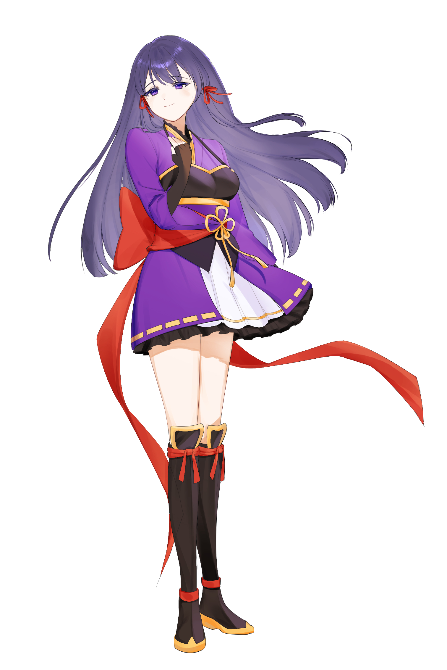 tomoe tamao, shoujo kageki revue starlight, shoujo kageki revue starlight -re live-, hashtag-only commentary, highres, 1girl, arm at side, back bow, black boots, black gloves, boots, bow, chest guard, closed mouth, elbow gloves, fingerless gloves, flower knot, frilled kimono, frills, full body, gloves, hair ribbon, hand on own chest, hand up, japanese clothes, kimono, kimono skirt, knee boots, light blush, long hair, looking ahead, looking to the side, nalssi lev, purple eyes, purple hair, purple kimono, red bow, red eyes, ribbon, short kimono, sidelocks, simple background, smile, solo, standing, symbol-shaped pupils, tassel, three-quarter sleeves, very long hair, white background, wide sleeves