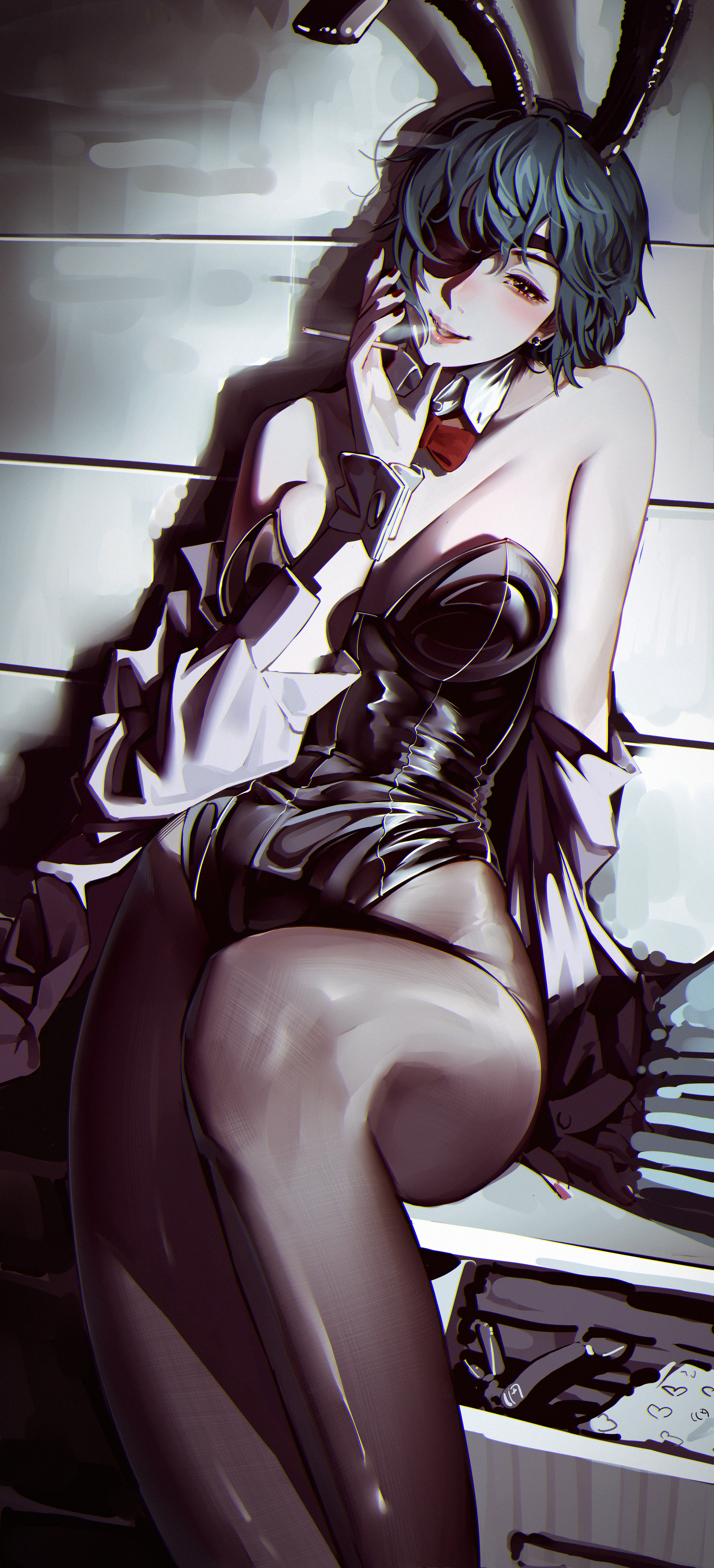 1yen, himeno (chainsaw man), chainsaw man, absurdres, highres, tagme, animal ears, blush, bow, bowtie, breasts, cigarette, coat, coat of arms, drawer, eyepatch, holding, holding cigarette, large breasts, leggings, leotard, looking at viewer, nail polish, pink nails, playboy bunny, rabbit ears, red bow, short hair, sitting, smile, smoking
