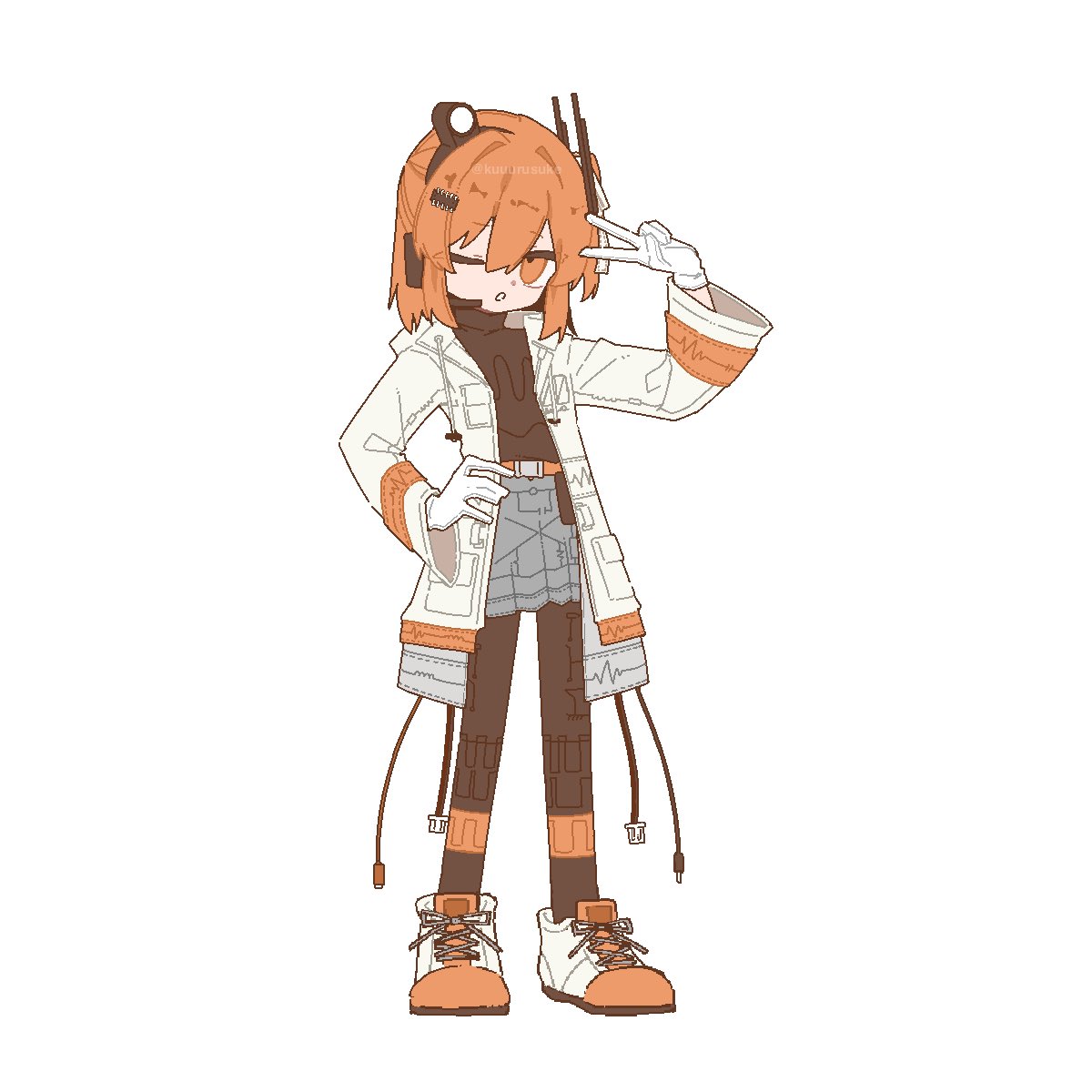 kuuurusuke, a.i. voice, utau, commentary, highres, 1girl, black pantyhose, black shirt, cable, coat, full body, gloves, grey skirt, hand on own hip, hand up, looking at viewer, medium hair, miniskirt, one eye closed, open clothes, open coat, orange eyes, orange hair, pantyhose, shirt, shoes, simple background, skirt, solo, standing, v, white background, white coat, white gloves, white shoes