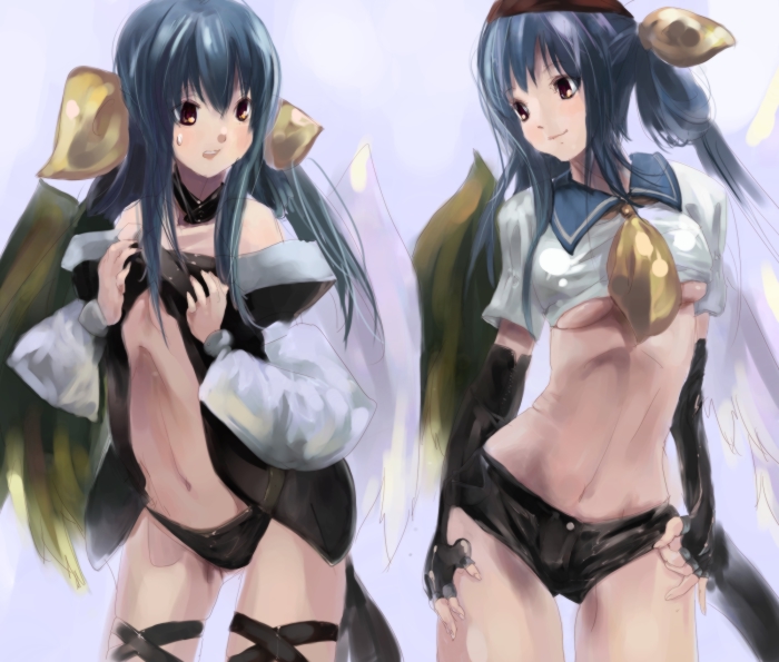 salada, dizzy (guilty gear), arc system works, guilty gear, 2girls, asymmetrical wings, blue hair, breast envy, breasts, dual persona, fingerless gloves, flat chest, gloves, large breasts, medium breasts, multiple girls, red eyes, sailor collar, short shorts, shorts, smile, sweatdrop, tail, time paradox, underboob, wings