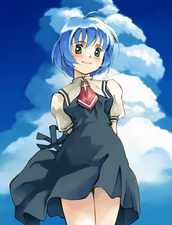 yukihashi, kirishima kano, air (visual novel), 00s, cloud, day, school uniform, serafuku, sky, solo