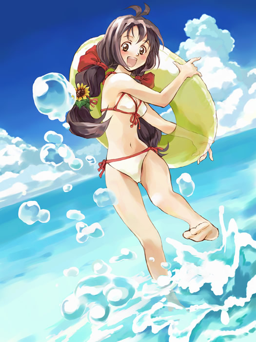 yukihashi, 1girl, antenna hair, bikini, braid, cloud, day, female focus, flower, hair ornament, innertube, long hair, navel, ocean, outdoors, side-tie bikini bottom, sky, solo, sunflower, swim ring, swimsuit, twin braids, water, white bikini