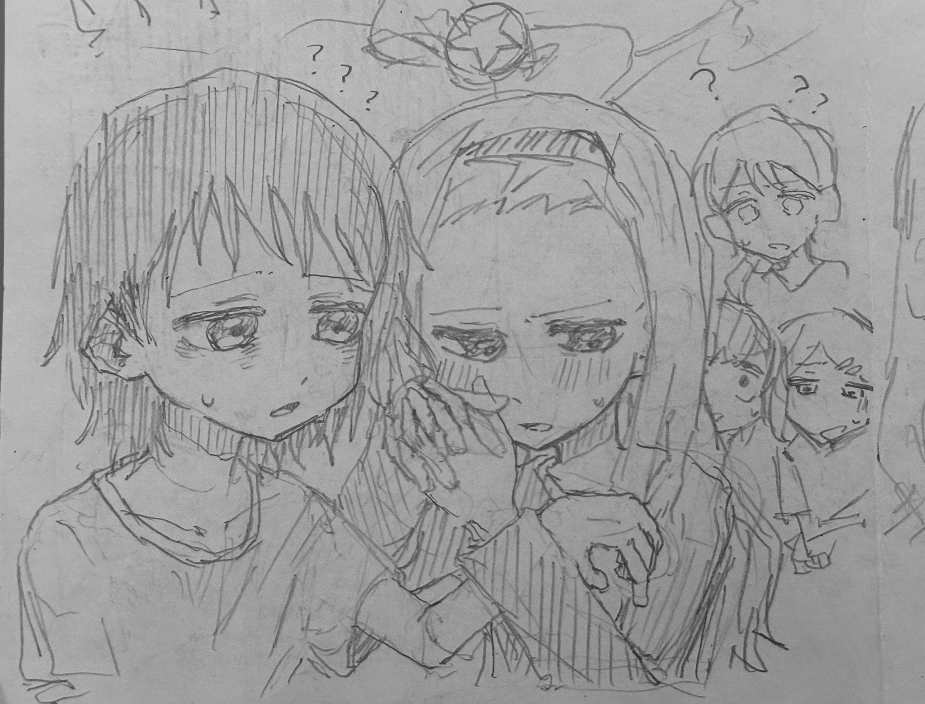 takopii no genzai, absurdres, highres, 5girls, ?, black hair, blonde hair, blush, greyscale, hairband, hand on another's shoulder, holding, holding hands, long hair, monochrome, multiple girls, open mouth, ribbon, shirt, short hair, smile, sweatdrop, tanaka www com, white shirt, worried, yuri