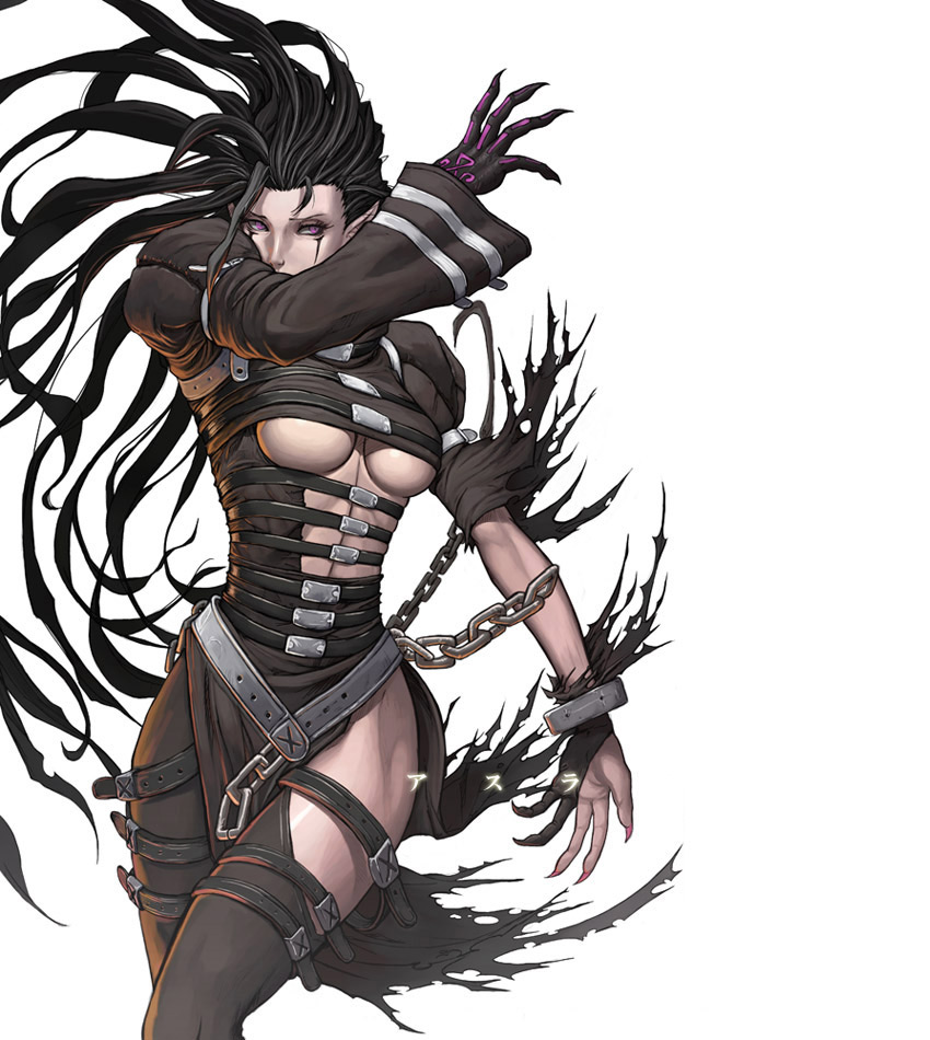 nekkeau, asura (samurai spirits), samurai spirits, 1girl, black hair, breasts, chain, female focus, genderswap, genderswap (mtf), large breasts, long hair, purple eyes, simple background, solo, underboob