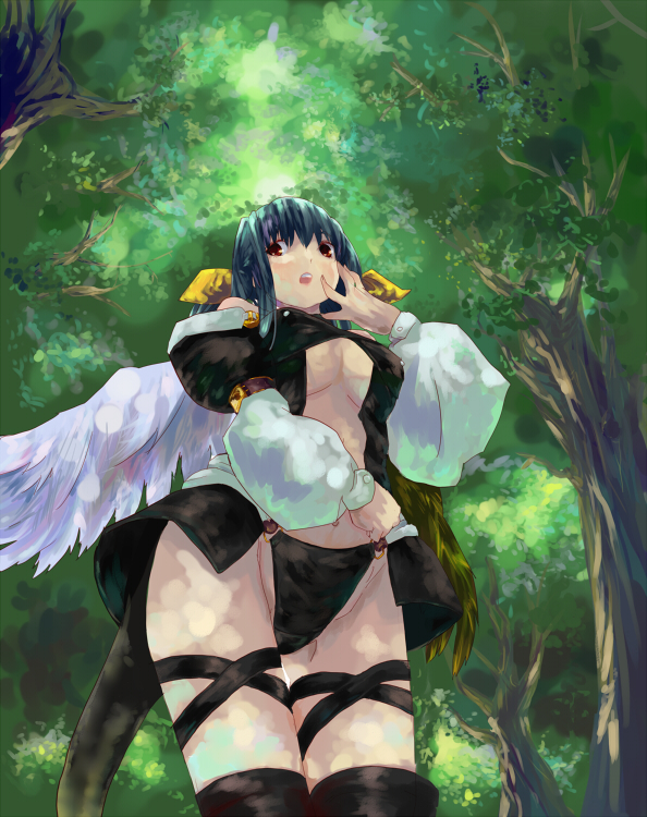 salada, dizzy (guilty gear), arc system works, guilty gear, 1girl, asymmetrical wings, breasts, female focus, forest, from below, large breasts, nature, solo, thighhighs, tree, underboob, wings