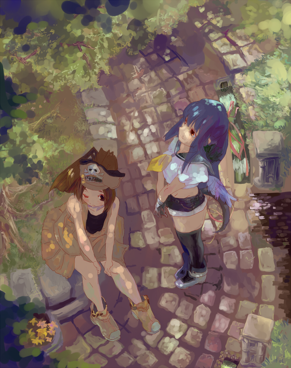 salada, dizzy (guilty gear), may (guilty gear), arc system works, guilty gear, highres, 2girls, asymmetrical wings, from above, long hair, multiple girls, one eye closed, park, sailor collar, school uniform, serafuku, thighhighs, tree, very long hair, wings, wink
