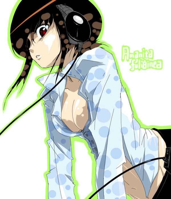 oso (toolate), amanita fuliginea, original, oso-teki kinoko gijinka zukan, 1girl, brown hair, female focus, headphones, midriff, mushroom, open clothes, open shirt, personification, red eyes, shirt, short hair, solo