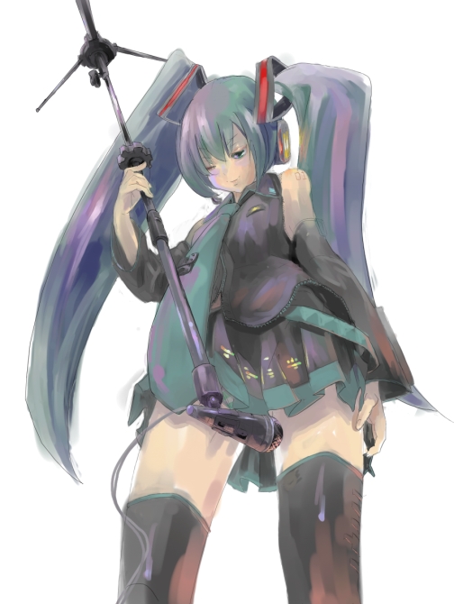 salada, hatsune miku, vocaloid, aqua hair, from below, holding, long hair, microphone, microphone stand, miniskirt, multicolored hair, necktie, one eye closed, purple hair, skirt, solo, thighhighs, twintails, very long hair, wink, zettai ryouiki