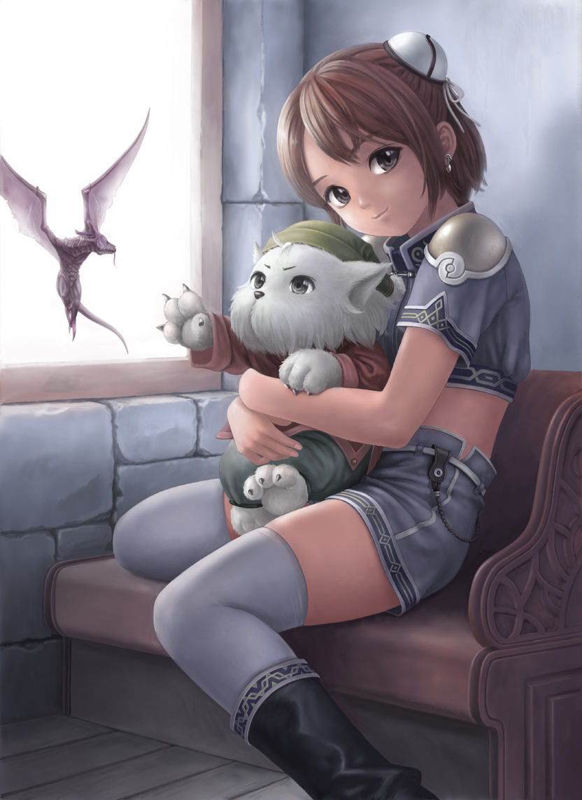 kanzeon, original, 1girl, black eyes, brown hair, bun cover, cat, double bun, dragon, earrings, female focus, hair bun, holding, jewelry, short hair, shorts, sitting, smile, solo, thighhighs, window, zettai ryouiki
