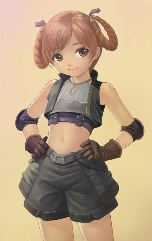 kanzeon, dwarf (lineage 2), lineage, lineage 2, 1girl, black eyes, dwarf, female focus, flat chest, gloves, midriff, orange hair, pants, short hair, shorts, sleeveless, smile, solo