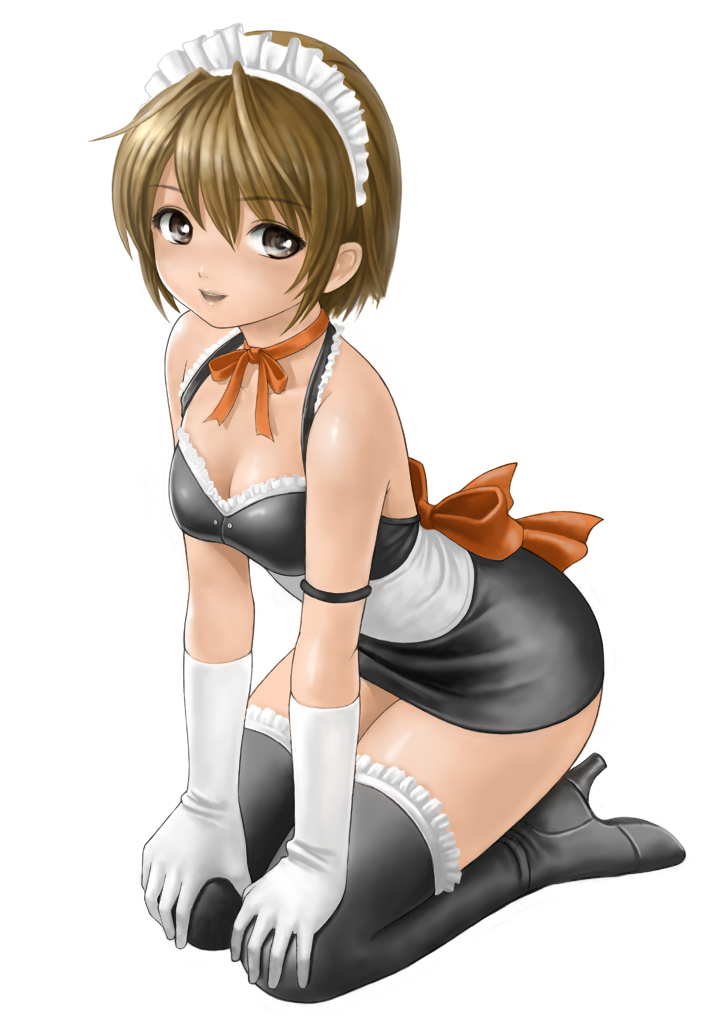 kanzeon, 1girl, boots, breasts, brown eyes, brown hair, choker, cleavage, female focus, frills, gloves, kneeling, maid, medium breasts, ribbon, short hair, solo, thigh boots, thighhighs