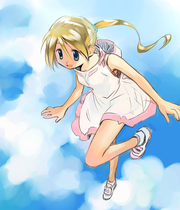 ikeda jun (mizutamari), tagme, blonde hair, cloud, dress, ponytail, solo
