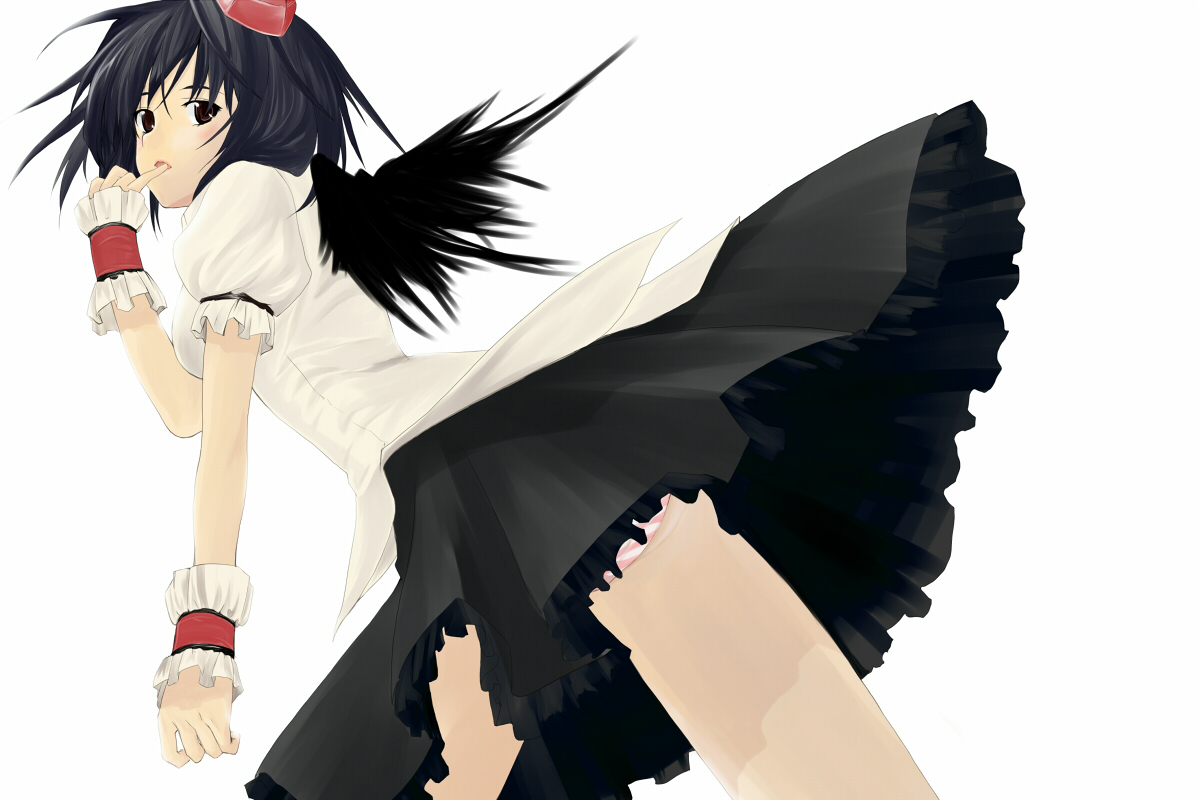 riyoku, ryoku, shameimaru aya, touhou, bad id, bad pixiv id, 1girl, black hair, black wings, female focus, hat, looking at viewer, panties, short hair, skirt, solo, underwear, wings