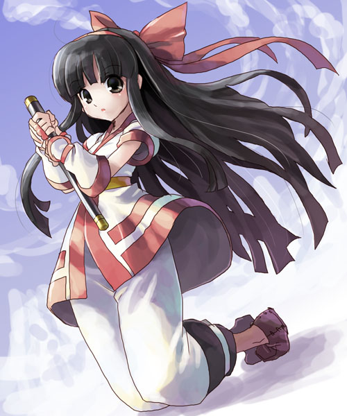katahira masashi, nakoruru, samurai spirits, 1girl, black hair, blunt bangs, blush, bow, female focus, foreshortening, full body, hair bow, looking at viewer, pants, red bow, sidelocks, solo, tareme