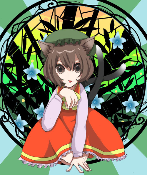 akiyama, chen, touhou, bad id, bad pixiv id, 1girl, animal ears, brown hair, cat ears, cat girl, cat tail, china dress, chinese clothes, dress, female focus, hat, multiple tails, paw pose, plant, ribbon, short hair, solo, tail, tongue