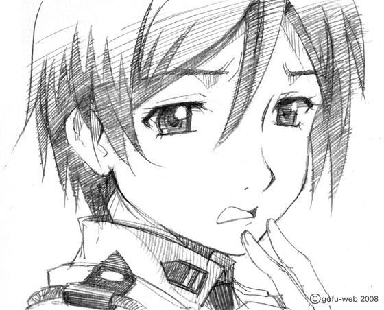 gofu, kasahara iku, toshokan sensou, traditional media, 00s, greyscale, monochrome, sketch, solo