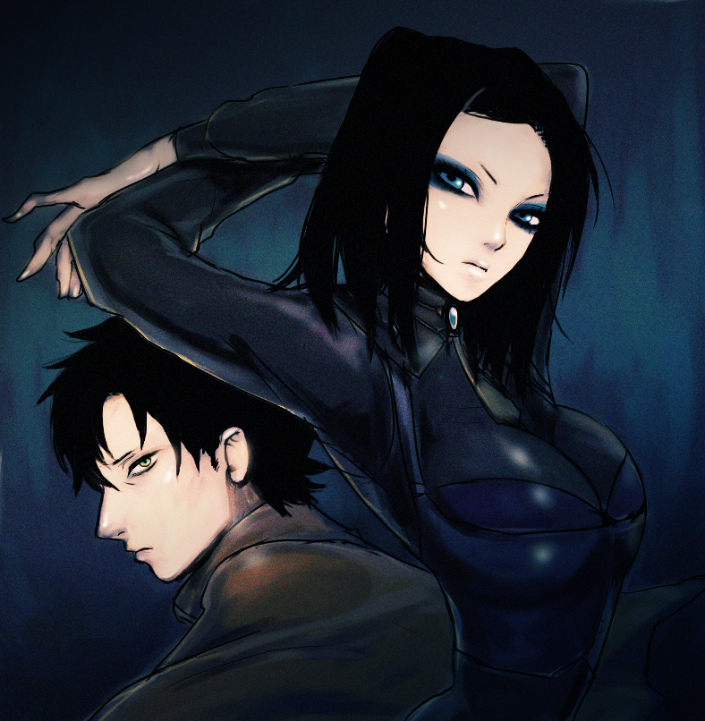 igarashi ran (igatz), igatz, re-l mayer, vincent law, ergo proxy, bad id, bad pixiv id, 00s, 1boy, 1girl, arms up, black hair, blue eyes, bodysuit, breasts, cleavage, eyeshadow, large breasts, long hair, makeup, stretching
