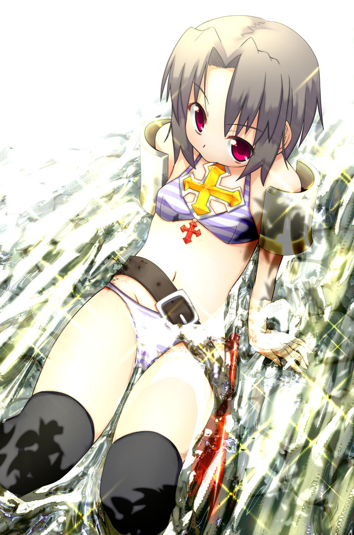 akino sora, ragnarok online, silver hair, bad id, bad pixiv id, bra, cross, latin cross, lingerie, lying, panties, red eyes, short hair, solo, striped bra, striped clothes, striped panties, thighhighs, underwear, water
