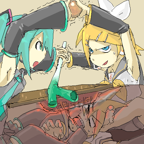 niimori hiroshi, hatsune miku, kagamine len, kagamine rin, vocaloid, bad id, bad pixiv id, lowres, 1boy, 2girls, angry, aqua hair, armpits, battle, brother and sister, fighting, kotatsu, multiple girls, oekaki, onion, siblings, spring onion, sweatdrop, table, twins, under table