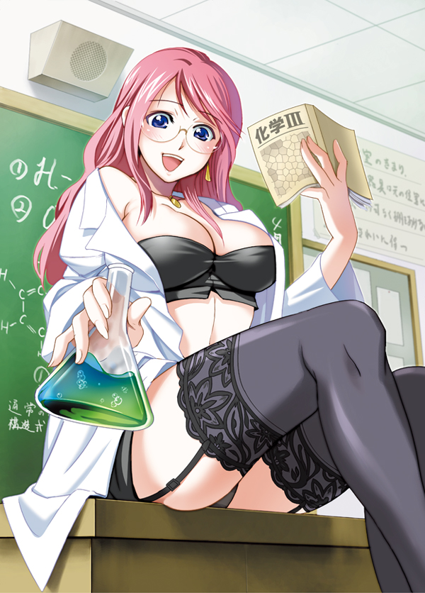 inue shinsuke, original, lace-trimmed legwear, 1girl, :d, bandeau, bare shoulders, black bra, black panties, black thighhighs, blouse, blue eyes, blush, book, bra, breasts, bubble, bulletin board, chalkboard, cleavage, coat, desk, earrings, erlenmeyer flask, female focus, fingernails, flask, foreshortening, from below, garter straps, glasses, hair over breasts, happy, holding, indoors, intercom, jewelry, lab coat, lace, lace trim, large breasts, lingerie, long fingernails, long hair, looking at viewer, mature female, midriff, miniskirt, necklace, off shoulder, on desk, open clothes, open coat, open mouth, open shirt, outstretched arm, panties, pantyshot, pink hair, science, shirt, sidelocks, sitting, skindentation, skirt, smile, solo, strapless, strapless bra, swept bangs, teacher, thighhighs, underwear, upskirt, wide sleeves