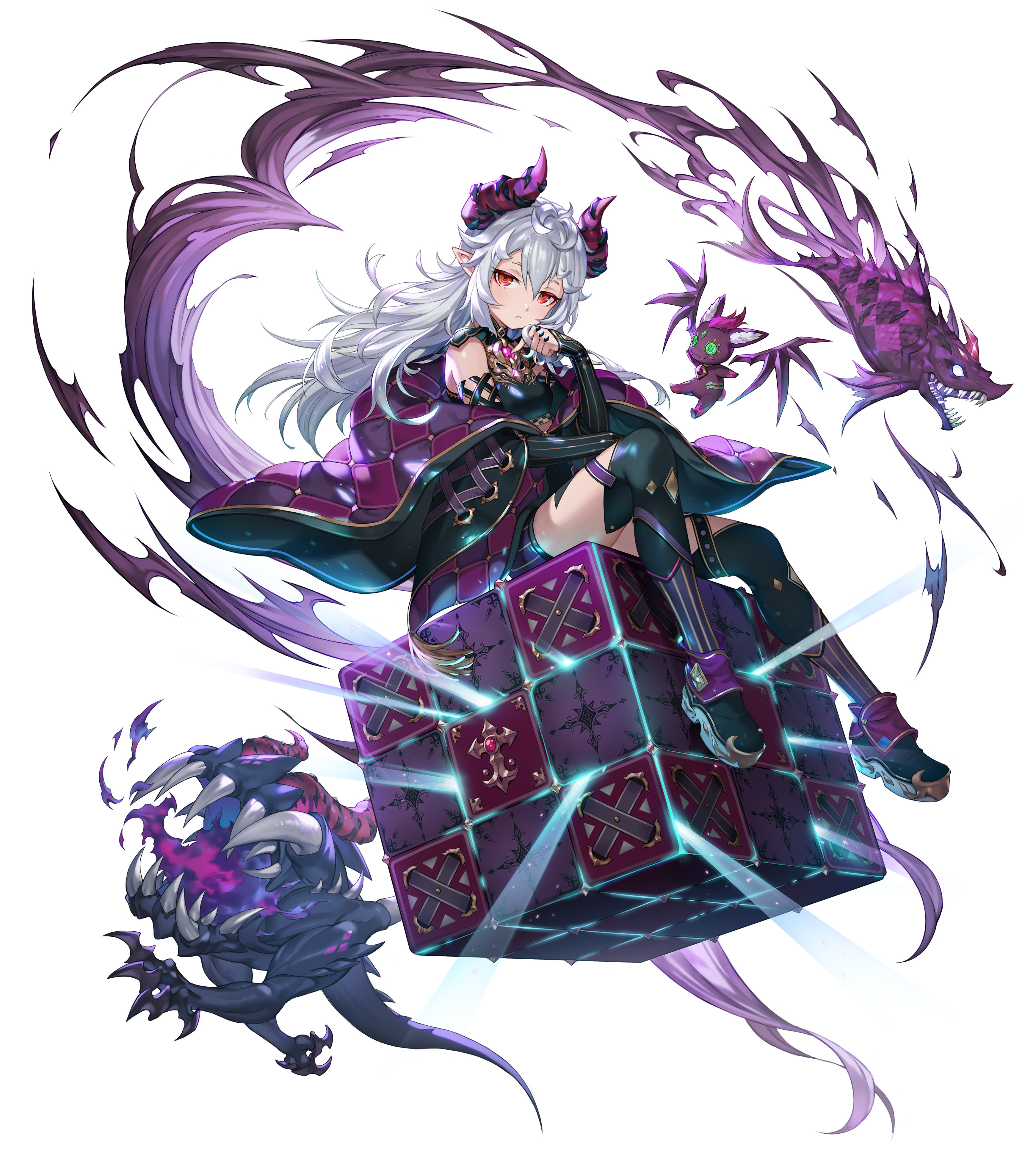 king's raid, absurdres, commentary, highres, official art, 1girl, animal ear fluff, black coat, black shirt, black shoes, black sleeves, black thighhighs, breasts, coat, cube, demon, demon girl, demon horns, fangs, fish, frown, full body, gem, green eyes, gremory (king's raid), grey hair, head on hand, horns, lolco, long hair, magic, multicolored coat, multicolored eyes, off-shoulder coat, off shoulder, pointy ears, purple coat, purple gemstone, purple horns, purple shorts, red eyes, ringed eyes, shirt, shoes, shorts, small breasts, solo, thighhighs, wings, yellow eyes