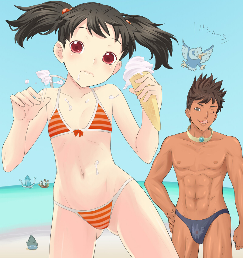 ume (driveume), original, bad id, bad pixiv id, 1boy, 1girl, abs, beach, bikini, black hair, black male swimwear, black swim briefs, brown hair, child, day, flat chest, food, ice cream, ice cream cone, male swimwear, navel, print male swimwear, print swim briefs, print swimsuit, red eyes, short twintails, spikes, spill, squid, striped bikini, striped clothes, swim briefs, swimsuit, toned, toned male, topless male, twintails