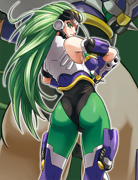 haruyama kazunori, aschen brodel, banpresto, super robot wars, super robot wars og saga mugen no frontier, 1girl, ass, bodysuit, female focus, from behind, green eyes, green hair, long hair, looking back, matching hair/eyes, solo, zoom layer