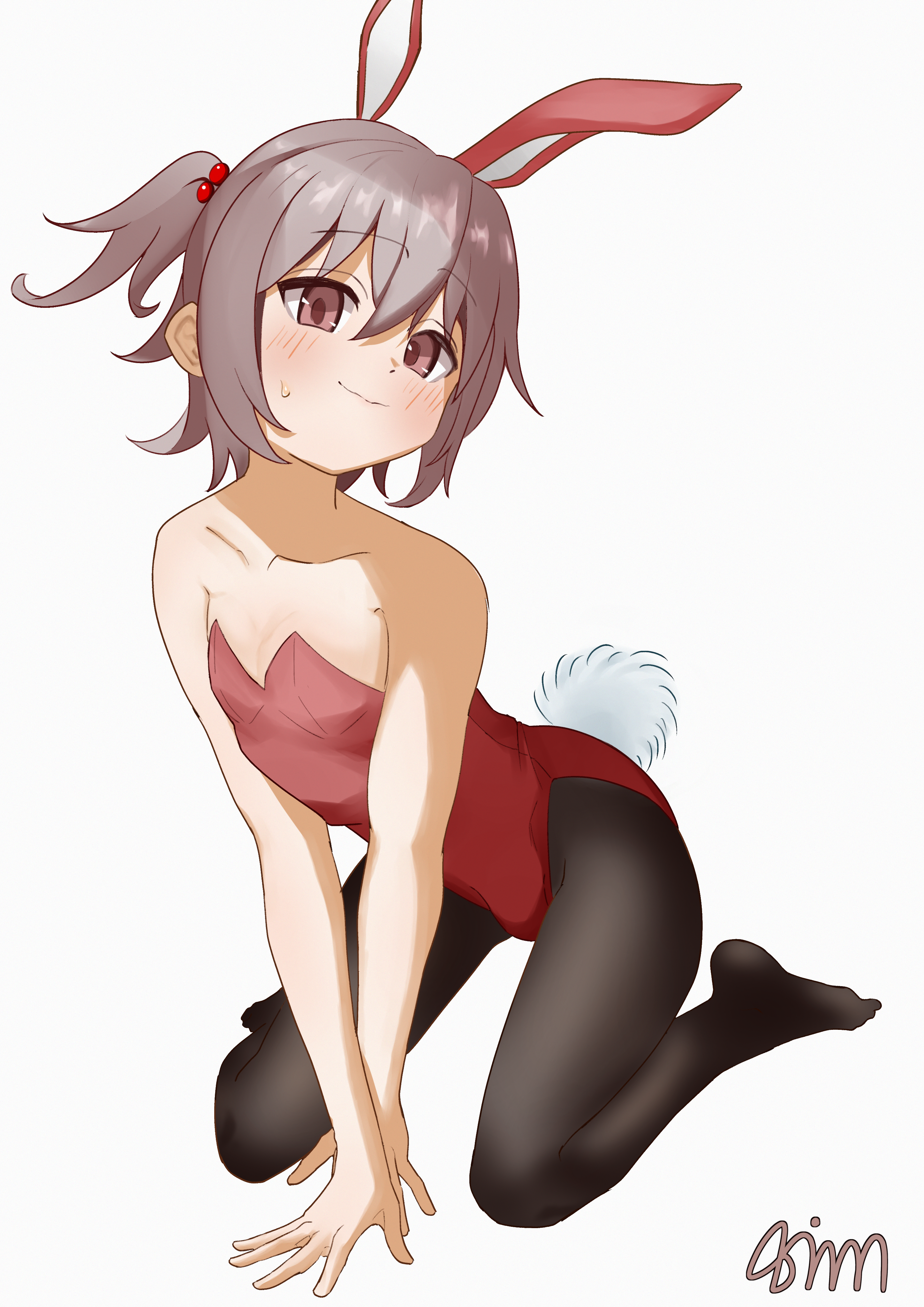 abi ervin, senkawa minato, onii-chan wa oshimai!, absurdres, commentary, highres, 1boy, animal ears, bare arms, bare shoulders, black pantyhose, blush, brown eyes, bulge, collarbone, crossdressing, crossdressing (mtf), full body, grey hair, hair between eyes, hair bobbles, hair ornament, kneeling, leotard, looking at viewer, male focus, male playboy bunny, no shoes, one side up, pantyhose, rabbit ears, rabbit tail, red leotard, signature, simple background, smile, solo, strapless, strapless leotard, tail, white background