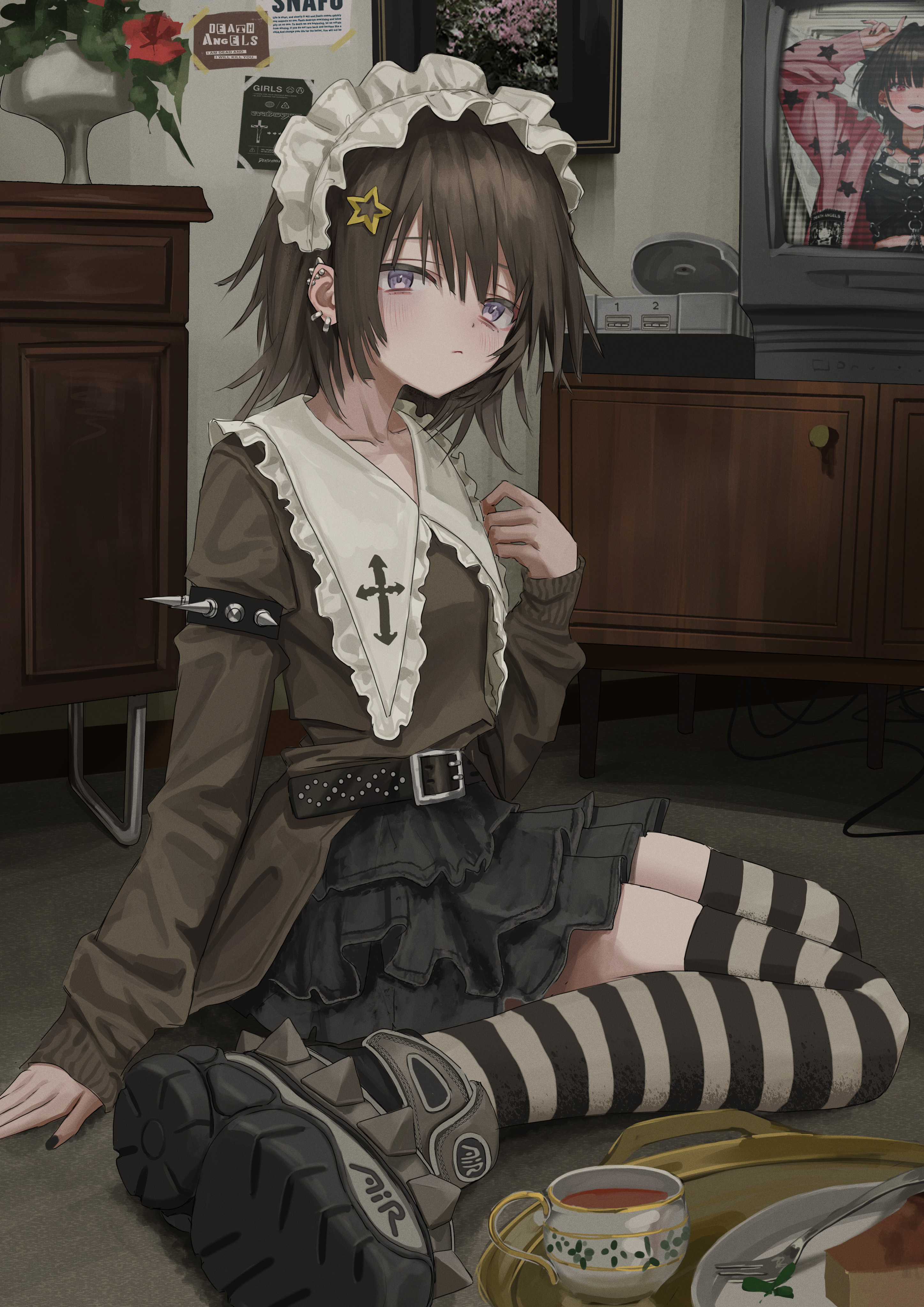 gishiki (gshk), original, absurdres, highres, 1girl, black boots, black skirt, black thighhighs, boots, brown hair, brown shirt, closed mouth, collared shirt, contrast collar, cup, frilled shirt collar, frills, full body, hairband, hand up, long sleeves, looking at viewer, pleated skirt, purple eyes, shirt, short hair, sitting, skirt, solo, striped clothes, striped thighhighs, teacup, thighhighs, wariza, white hairband, zettai ryouiki