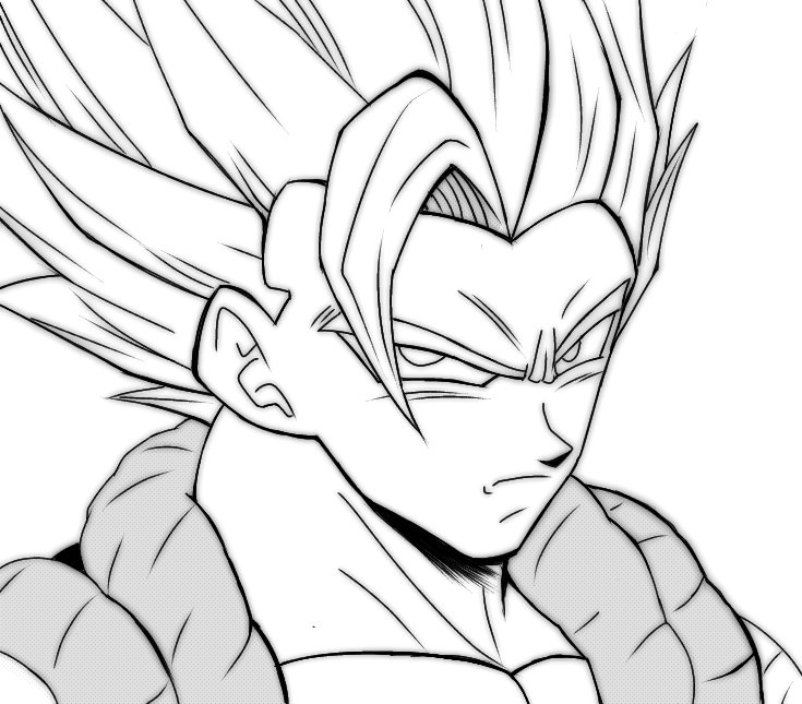 gogeta, dragon ball, dragonball z, self-upload, 1boy, looking at viewer, male focus, manga (object), nickroseflow, solo, spiked hair, super saiyan