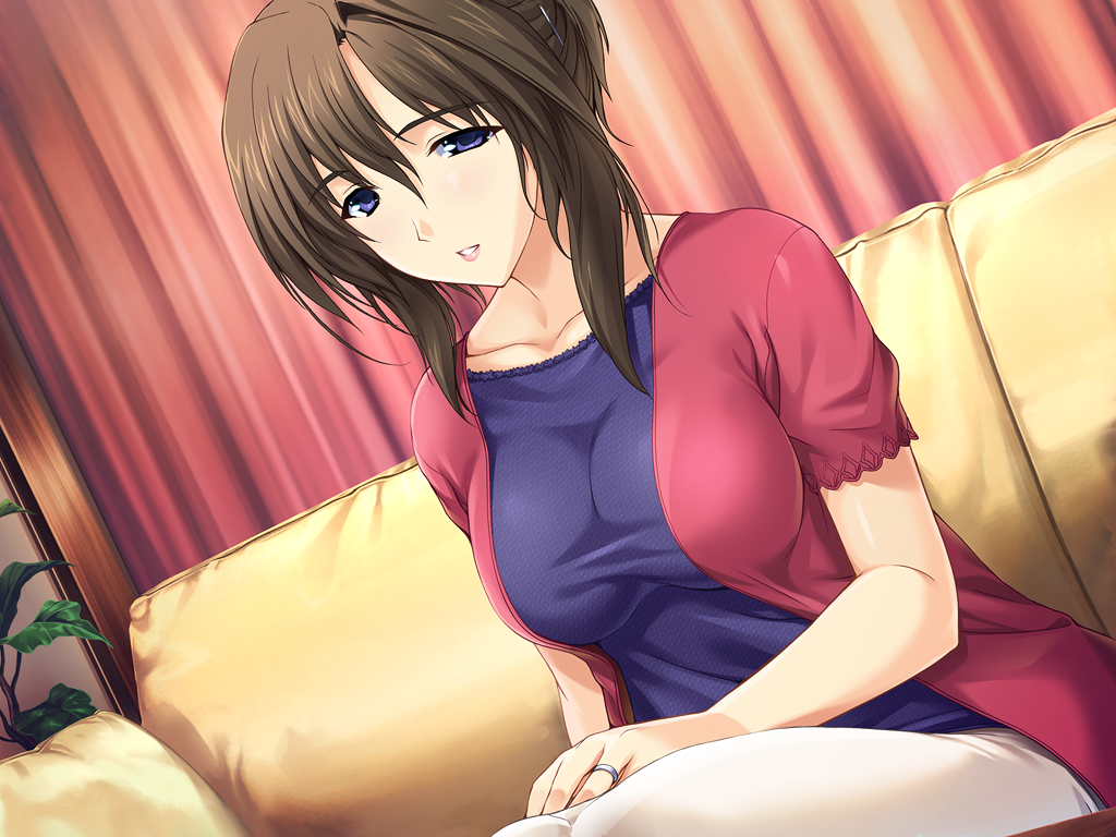 onigirikun, kiritani ryouko, choukou (alicesoft), choukou tenshi escalayer, game cg, non-web source, official art, variant set, 1girl, blue eyes, breasts, brown hair, couch, dutch angle, jewelry, large breasts, mature female, parted lips, ring, shirt, short hair, sitting, solo, taut clothes, taut shirt, wedding ring