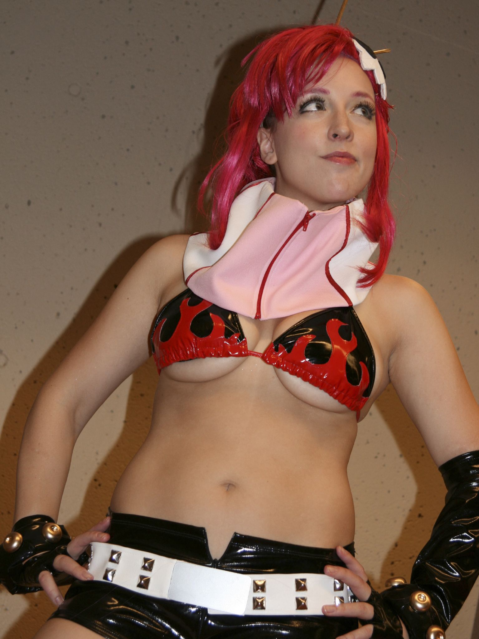 pamelaneko, yoko littner, tengen toppa gurren lagann, cosplay photo, highres, photo (medium), 1girl, bikini, bikini top only, breasts, cleavage, cosplay, female focus, gloves, large breasts, long hair, red hair, solo, swimsuit, thighhighs, underboob