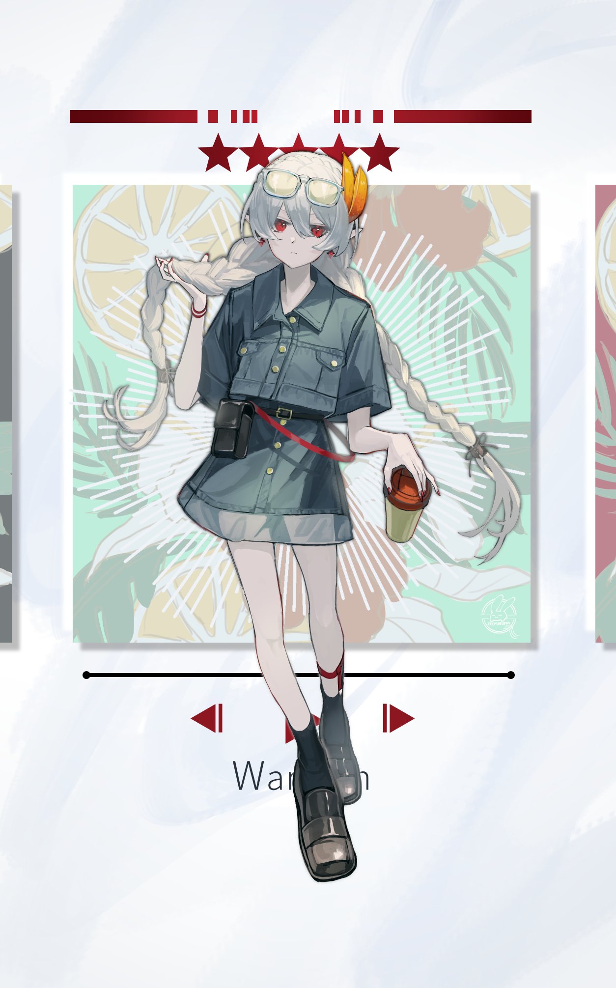 hemorina, warfarin (arknights), arknights, commentary, english commentary, highres, 1girl, alternate costume, alternate hairstyle, belt, black belt, black shoes, black socks, bracelet, braid, character name, denim, denim jacket, denim shorts, drink, emphasis lines, eyewear on head, feather hair ornament, feathers, food, fruit, full body, green background, hair ornament, hand up, holding, holding drink, holding own hair, jacket, jewelry, lemon, lemon slice, loafers, long hair, looking to the side, nail polish, orange feathers, patterned background, pointy ears, pouch, red eyes, red nails, shoes, short sleeves, shorts, socks, solo, star (symbol), twin braids, white background