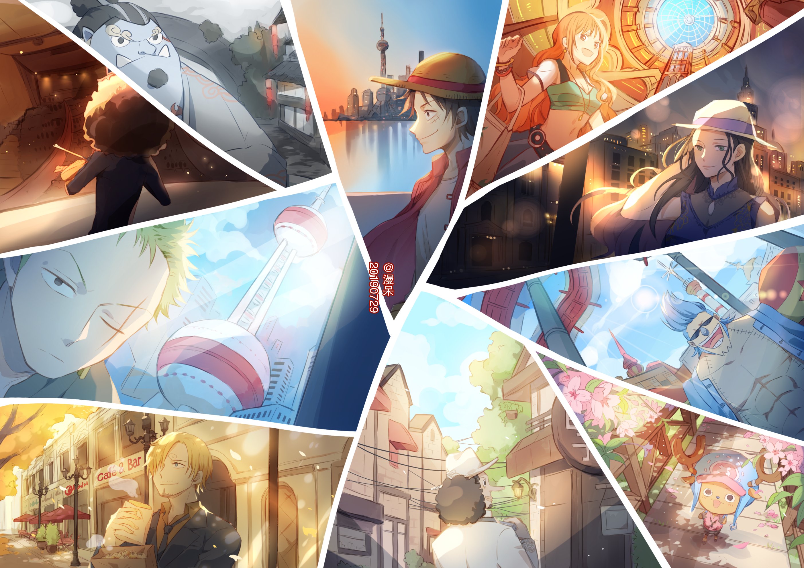 fish191101756, brook (one piece), franky (one piece), jinbe (one piece), monkey d. luffy, nami (one piece), nico robin, roronoa zoro, sanji (one piece), tony tony chopper, usopp, one piece, chinese commentary, commentary request, highres, 2girls, 6+boys, afro, antlers, black hair, blonde hair, blue hair, cherry blossoms, cross, dated, facial hair, formal clothes, goatee, green hair, hat, holding, holding instrument, holding violin, hood, horns, indoors, instrument, long hair, long nose, looking at viewer, multiple boys, multiple girls, night, one eye closed, orange hair, outdoors, ponytail, scar, scar across eye, scar on face, short hair, smile, straw hat, straw hat pirates, suit, sunglasses, sunlight, violin
