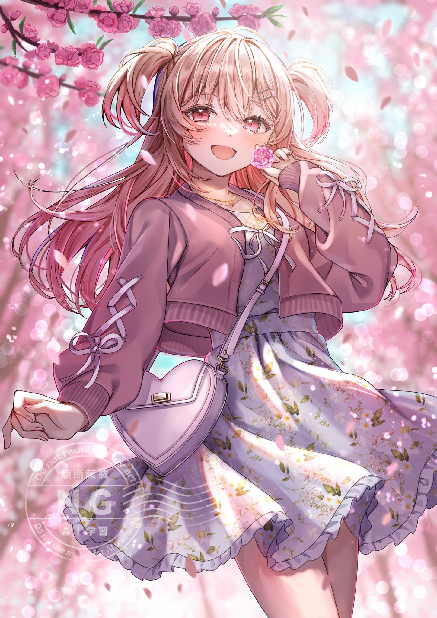 sakura (39ra), momose nina, project nebula, commentary request, commission, highres, skeb commission, 1girl, :d, bag, blonde hair, blush, cardigan, cherry blossoms, cowboy shot, day, dress, floral print, floral print dress, flower, frilled dress, frills, heart-shaped bag, holding, holding flower, long hair, long sleeves, looking at viewer, one side up, open cardigan, open clothes, open mouth, outdoors, pink cardigan, pink flower, print dress, red eyes, shoulder bag, smile, solo, virtual youtuber, watermark, white dress