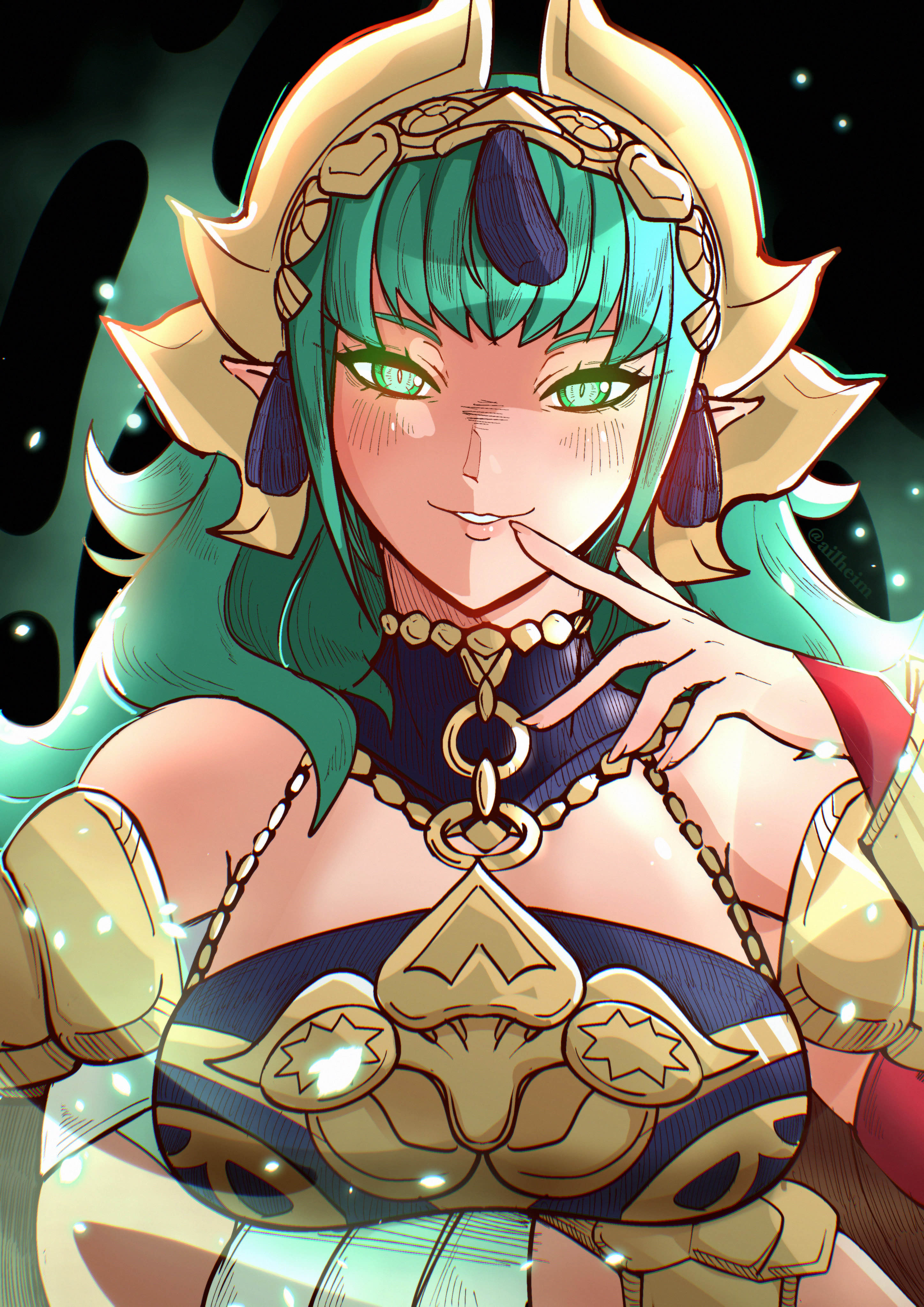 ailheim, sothis (adult) (fire emblem), sothis (fire emblem), fire emblem, fire emblem: fortune's weave, nintendo, absurdres, highres, 1girl, arm under breasts, arm wrap, breasts, dress, green eyes, green hair, hair ornament, headpiece, long hair, looking at viewer, medium breasts, parted lips, pointy ears, purple dress, ribbon, smile, solo, tassel, tassel hair ornament, tiara, upper body
