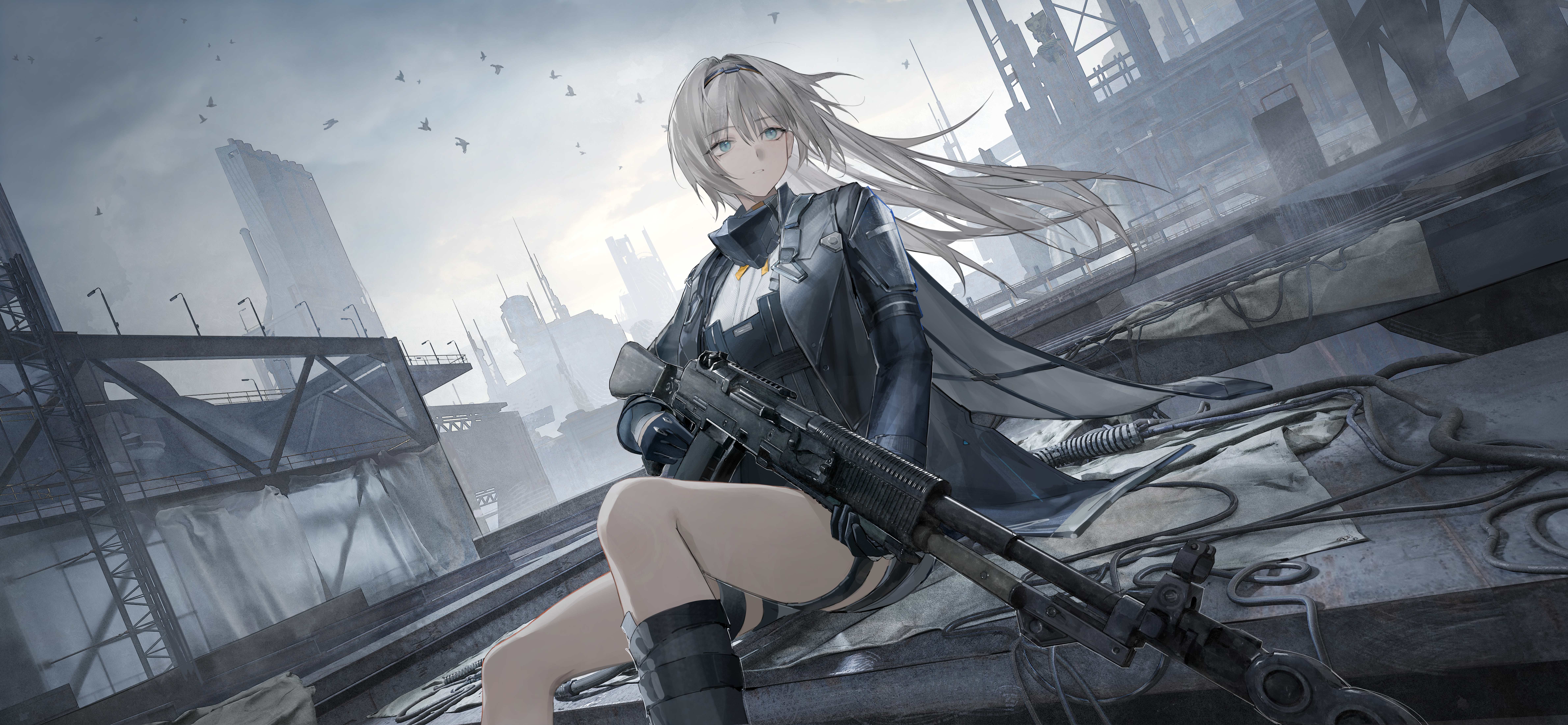 qiangjitong, alva (girls' frontline 2), an-94 (girls' frontline), girls' frontline, girls' frontline 2: exilium, absurdres, highres, 1girl, aqua eyes, assault rifle, bird, cloud, cloudy sky, dutch angle, gun, hairband, long hair, outdoors, rifle, sitting, sky, solo, tactical clothes, thigh strap, weapon