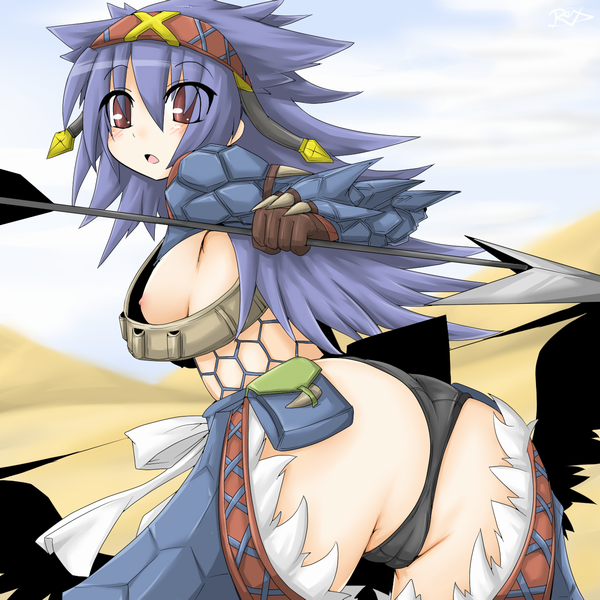 reku, rex (artist), capcom, monster hunter (series), bad id, bad pixiv id, 1girl, arrow (projectile), ass, bag, blue hair, blush, breasts, cameltoe, female focus, fishnets, headband, large breasts, long hair, nargacuga (armor), nipple slip, nipples, panties, sideboob, solo, thong, underwear