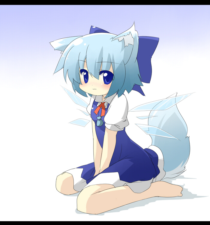 oka (bananashoe), cirno, touhou, 1girl, animal ears, barefoot, blue eyes, blue hair, dress, female focus, full body, gradient background, letterboxed, matching hair/eyes, short hair, solo, tail, white background, wings, wolf ears, wolf tail