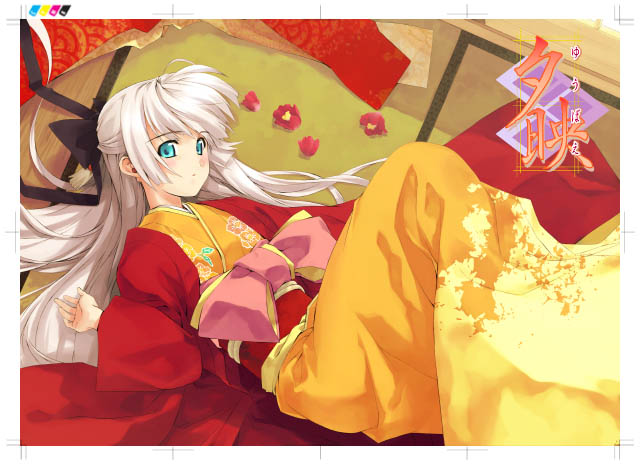 minamino kanata, blue eyes, japanese clothes, kimono, long hair, ribbon, white hair