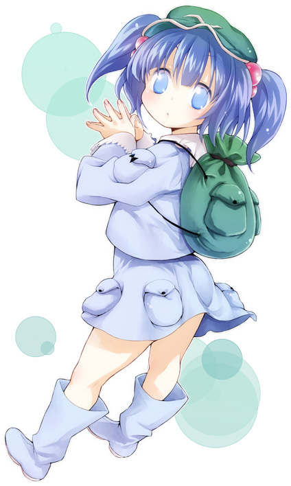 buriki, kawashiro nitori, touhou, 1girl, backpack, bag, blue eyes, blue hair, female focus, hair bobbles, hair ornament, hat, matching hair/eyes, randoseru, short hair, solo, two side up