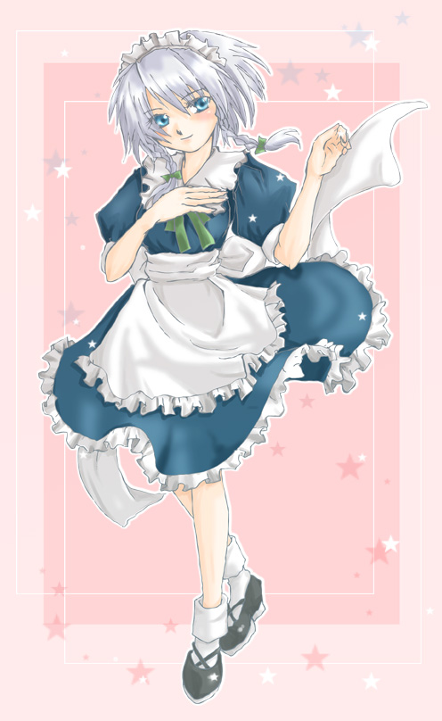 chocolate capsule (pixiv), saya (chocolate capsule), izayoi sakuya, touhou, silver hair, bad id, bad pixiv id, 1girl, blue eyes, braid, dress, female focus, full body, hairband, maid, ribbon, short hair, solo, twin braids, twintails