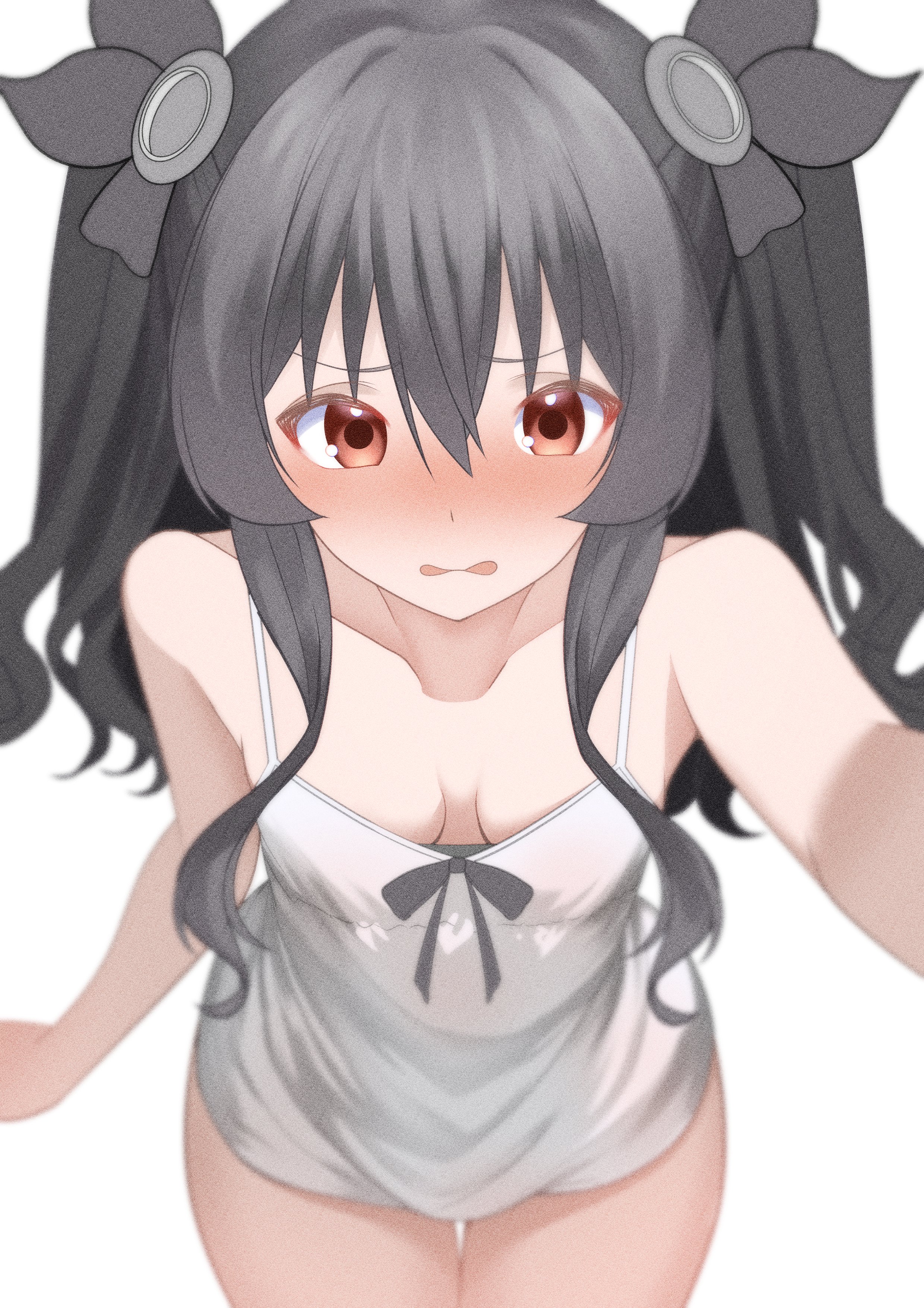 xueli shimazaki, uni (neptunia), choujigen game neptune, neptune (series), absurdres, commentary, english commentary, highres, 1girl, black hair, black ribbon, blurry border, blush, breasts, camisole, collarbone, colored eyelashes, cowboy shot, downblouse, embarrassed, film grain, gradient hair, grey hair, hair between eyes, hair ribbon, leaning forward, multicolored hair, nervous, red eyes, ribbon, selfie, sidelocks, simple background, small breasts, solo, tareme, thigh gap, two side up, white background, white camisole