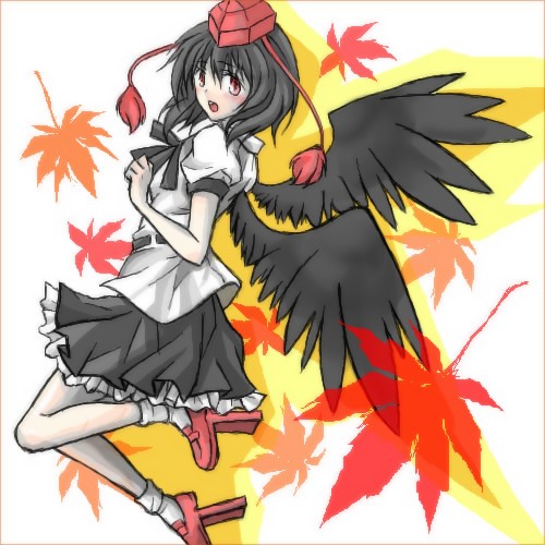 nakko, natsu315, shameimaru aya, touhou, bad id, bad pixiv id, lowres, 1girl, black hair, black wings, blush, female focus, geta, hat, leaf, looking at viewer, open mouth, ribbon, short hair, solo, tengu-geta, wings